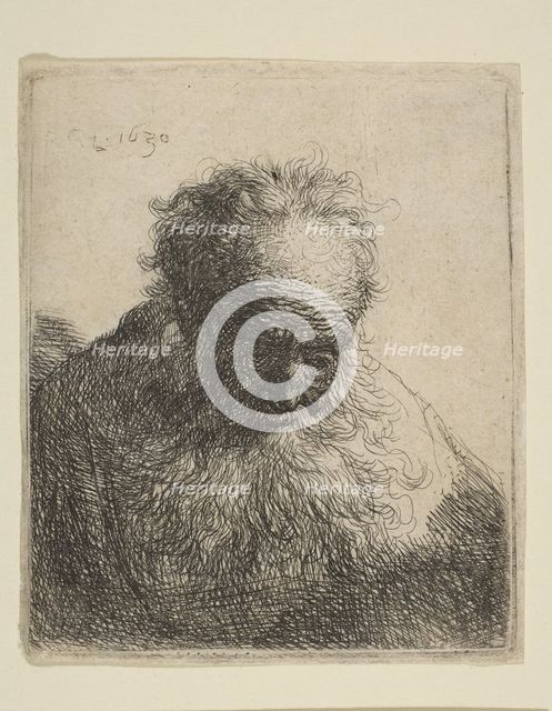 Bust of an Old Man with a Flowing Beard: the Head Bowed Forward: Left Shoulder Unshaded, 1630. Creator: Rembrandt Harmensz van Rijn.