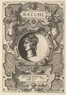 Bust of Bacchus surrounded by strapwork, from the series Deorum dearumque, a set of imag..., 1573. Creators: Gerard van Groeningen, Johannes van Doetecum I, Lucas van Doetecum