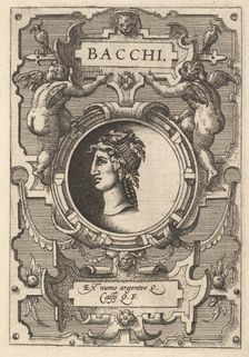 Bust of Bacchus surrounded by strapwork, from the series Deorum dearumque, a set of imag..., 1573. Creators: Gerard van Groeningen, Johannes van Doetecum I, Lucas van Doetecum
