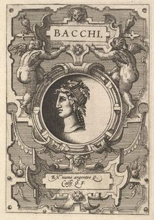 Bust of Bacchus surrounded by strapwork, from the series Deorum dearumque, a set of imag..., 1573. Creators: Gerard van Groeningen, Johannes van Doetecum I, Lucas van Doetecum