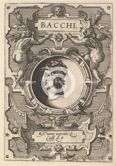 Bust of Bacchus surrounded by strapwork, from the series' Deorum dearumque,' a set of imag..., 1573. Creators: Gerard van Groeningen, Johannes van Doetecum I, Lucas van Doetecum.