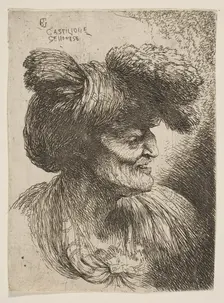 Bust of beardless old man in profile facing right, from the series of Small Head..., ca. 1645-1650. Creator: Giovanni Benedetto Castiglione