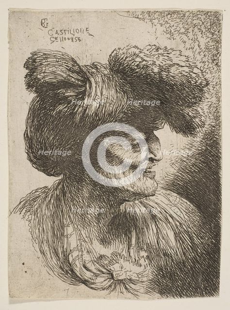 Bust of beardless old man in profile facing right, from the series of 'Small Head..., ca. 1645-1650. Creator: Giovanni Benedetto Castiglione.