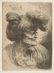Bust of beardless old man in profile facing right, from the series of Small Heads ..., ca. 1645-50. Creator: Giovanni Benedetto Castiglione