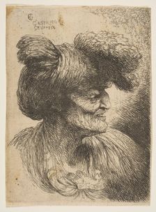 Bust of beardless old man in profile facing right, from the series of Small Heads ..., ca. 1645-50. Creator: Giovanni Benedetto Castiglione