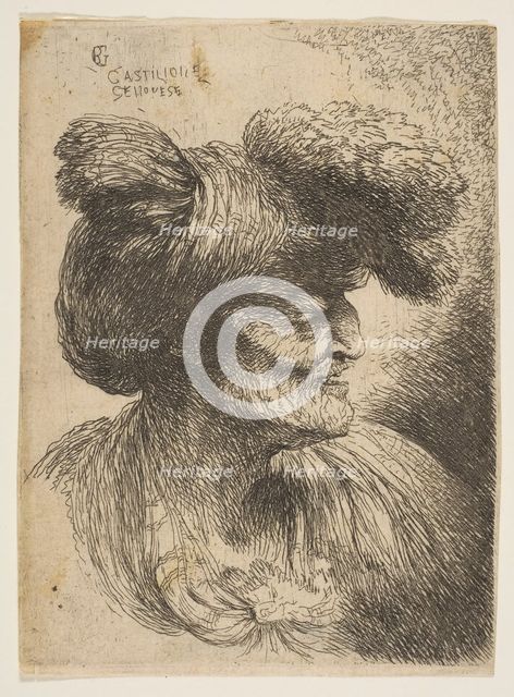 Bust of beardless old man in profile facing right, from the series of 'Small Heads ..., ca. 1645-50. Creator: Giovanni Benedetto Castiglione.