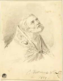 Bust of Bishop Saint, with Slight Figure Sketches, 1829. Creators: Carlo Dellarocca, Paul Delaroche