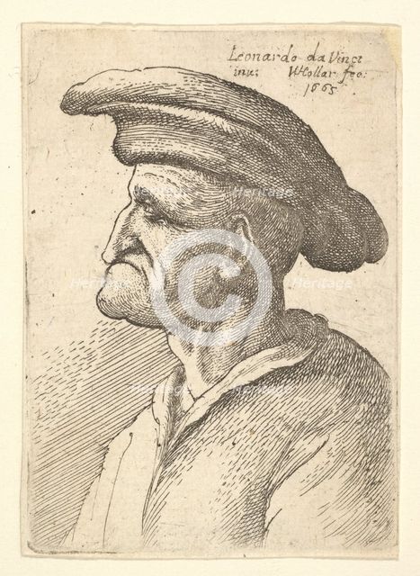 Bust of elderly man with nose that meets his lower lip, wearing wide flat cap in profile t..., 1665. Creator: Wenceslaus Hollar.