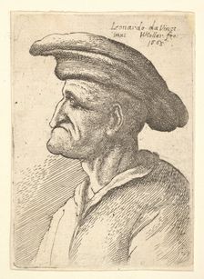 Bust of elderly man with nose that meets his lower lip, wearing wide flat cap in profile t..., 1665. Creator: Wenceslaus Hollar