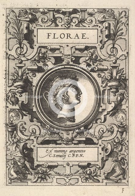 Bust of Florae surrounded by strapwork, from the series 'Deorum dearumque,' a set of image..., 1573. Creator: Unknown.