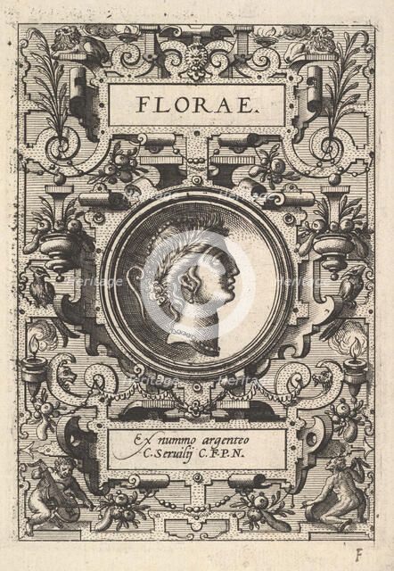 Bust of Florae surrounded by strapwork, from the series 'Deorum dearumque,' a set of image..., 1573. Creator: Unknown.