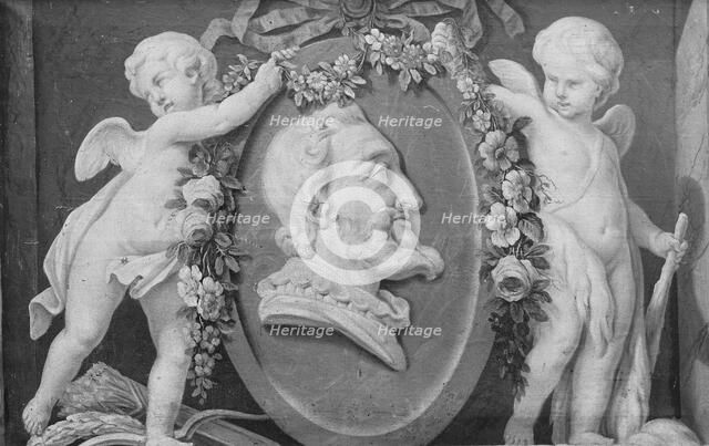 Bust of Henri IV in oval medallion with blue ground supported by two cupids, 18th century. Creator: French Painter , 18th century .