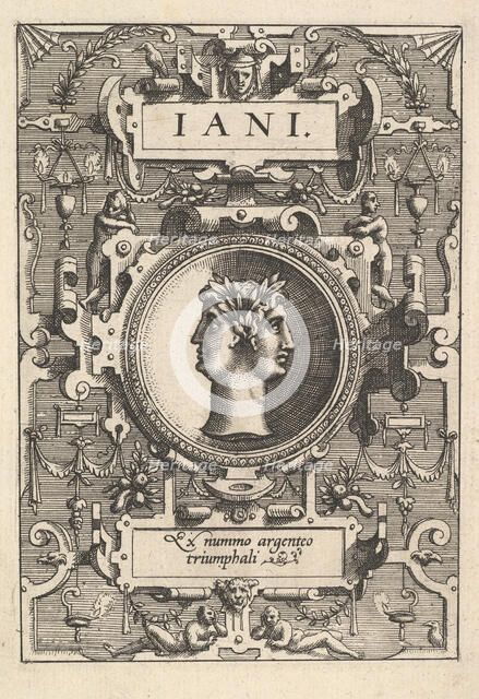 Bust of Janus surrounded by strapwork, from the series 'Deorum dearumque,' a set of images..., 1573. Creators: Johannes van Doetecum I, Lucas van Doetecum.