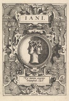Bust of Janus surrounded by strapwork, from the series Deorum dearumque, a set of images..., 1573. Creators: Johannes van Doetecum I, Lucas van Doetecum