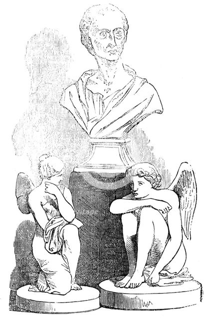 Bust of Pope, by Roubiliac, and "Cupid and Psyche", by Flaxman, from the Rogers Collection, 1856.  Creator: Unknown.