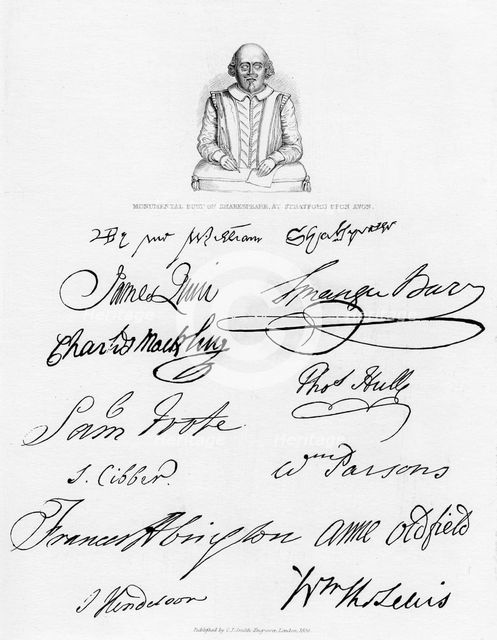 Bust of Shakespeare and signatures of celebrated actors, (1840). Artist: Unknown