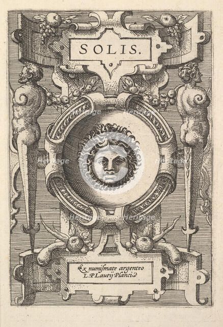 Bust of Sol surrounded by strapwork, from the series 'Deorum dearumque,' a set of images o..., 1573. Creators: Gerard van Groeningen, Johannes van Doetecum I, Lucas van Doetecum.
