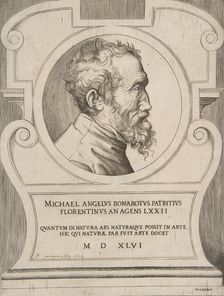 Bust portrait of Michelangelo facing right, set within a cartouche., 1546. Creator: Giulio Bonasone