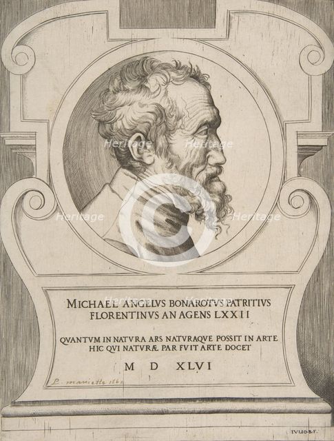 Bust portrait of Michelangelo facing right, set within a cartouche., 1546. Creator: Giulio Bonasone.