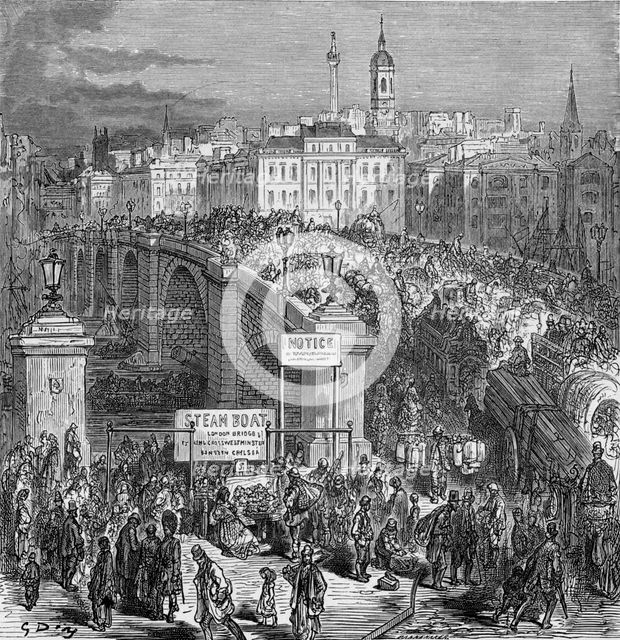 Busy scene on London Bridge, 1872.  Creator: Gustave Doré.