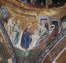 Byzantine mosaic of the rising of Peter's wife's mother, 14th century
