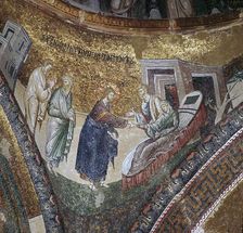 Byzantine mosaic of the rising of Peter's wife's mother, 14th century