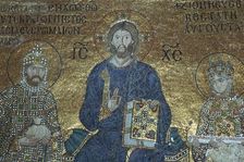 Byzantine mosaic showing Christ enthroned between earthly rulers, 12th century