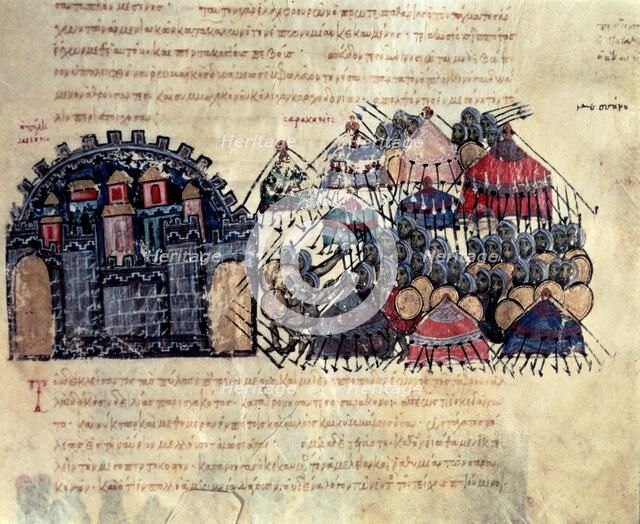 Byzantine besieging Messina, miniature in 'Scylitzes Matritensis', (facsimile edition of the orig…