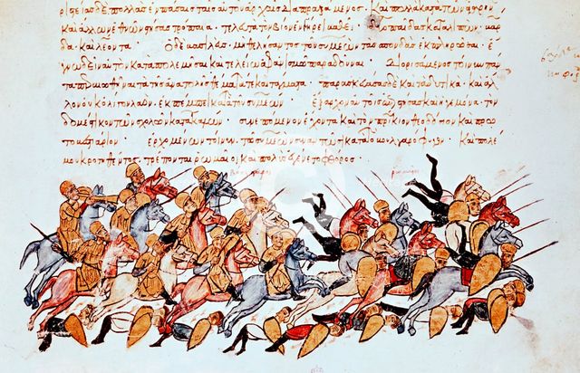 Byzantine cavalrymen overwhelming enemy cavalry and foot soldiers. Artist: Unknown