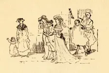 Bystanders watch as John Gilpin gallops past, 1878, (c1918). Creator: Randolph Caldecott