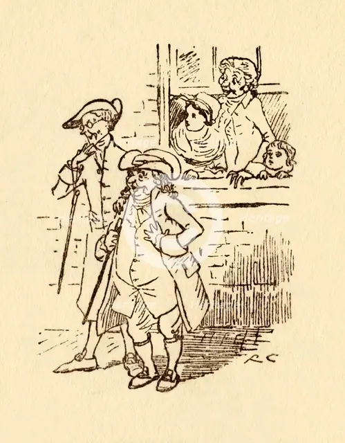 Bystanders watch as John Gilpin gallops past, 1878, (c1918). Creator: Randolph Caldecott.