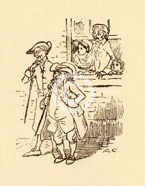 Bystanders watch as John Gilpin gallops past, 1878, (c1918). Creator: Randolph Caldecott.
