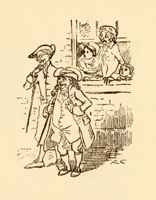 Bystanders watch as John Gilpin gallops past, 1878, (c1918). Creator: Randolph Caldecott