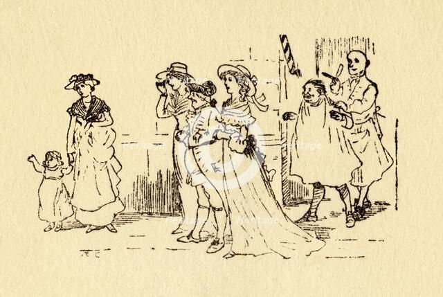 Bystanders watch as John Gilpin gallops past, 1878, (c1918). Creator: Randolph Caldecott.