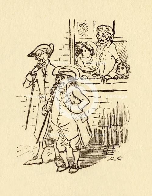 Bystanders watch as John Gilpin gallops past, 1878, (c1918). Creator: Randolph Caldecott.