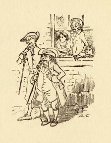 Bystanders watch as John Gilpin gallops past, 1878, (c1918). Creator: Randolph Caldecott