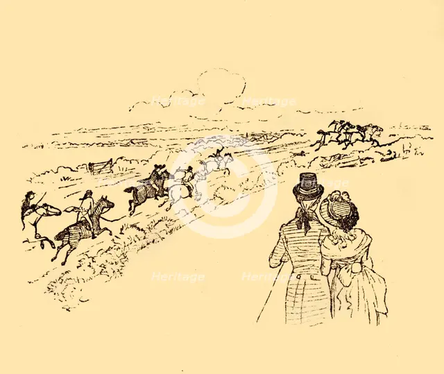 Bystanders watch as John Gilpin is chased across the countryside, 1878, (c1918).  Creator: Randolph Caldecott.