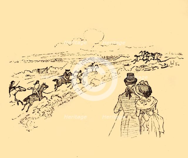 Bystanders watch as John Gilpin is chased across the countryside, 1878, (c1918).  Creator: Randolph Caldecott.