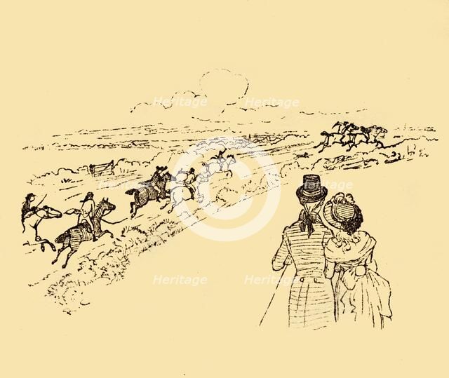 Bystanders watch as John Gilpin is chased across the countryside, 1878, (c1918).  Creator: Randolph Caldecott.