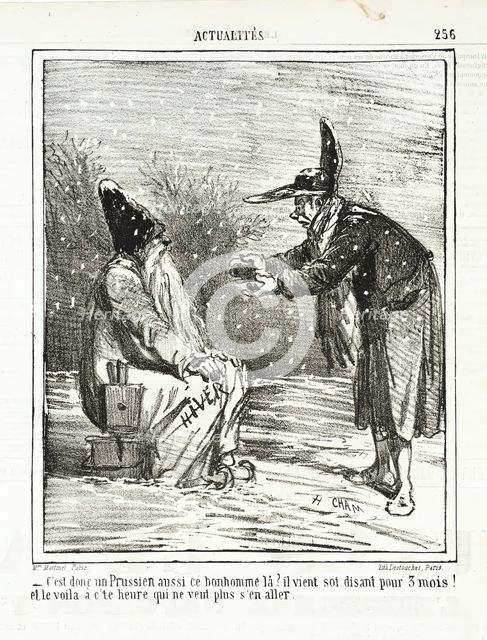 C'est donc un Prussien aussi ce bonhomme là? Il (Hiver) vient soi disant pour 3 mois! Et..., 1865. Creator: Cham.