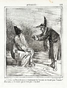 C'est donc un Prussien aussi ce bonhomme là? Il (Hiver) vient soi disant pour 3 mois! Et..., 1865. Creator: Cham