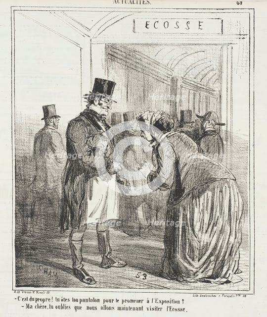 C'est du propre! Tu ôtes ton pantalon pour te promener à l'exposition? - Ma chère..., 1867. Creator: Cham.