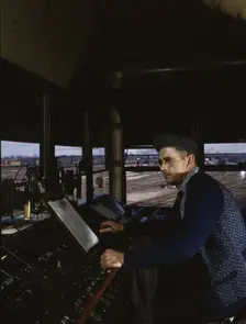 C&NWRR towerman R.W. Mayberry of Elmhurst, Ill., at the Proviso yard, Melrose Park, Ill., 1943. Creator: Jack Delano