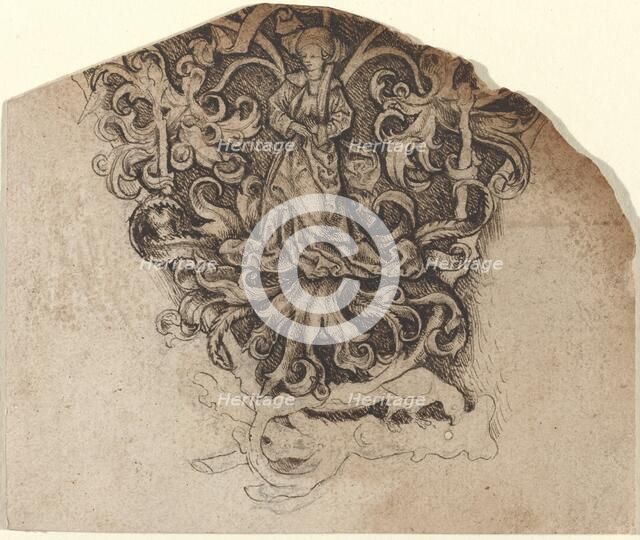 Gothic Ornament with a Lady and a Parrot, c. 1495. Creator: Master of the Strache Altar.