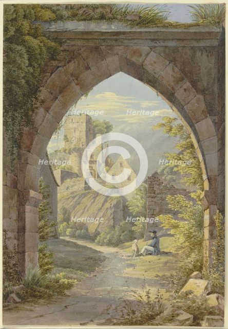 Gothic arch with a view of a castle, 19th century. Creator: Georg von Krieg.