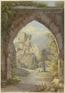 Gothic arch with a view of a castle, 19th century. Creator: Georg von Krieg