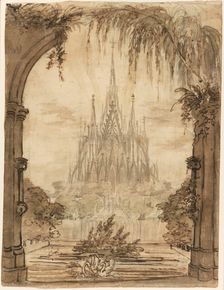 Gothic Cathedral Behind a Pond with Swans, 1810/15. Creator: Karl Friedrich Schinkel