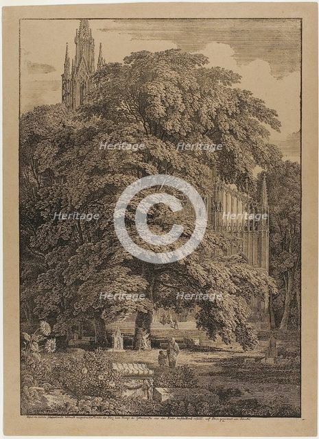 Gothic Church Behind an Oak Grove with Tombs, 1810. Creator: Karl Friedrich Schinkel.