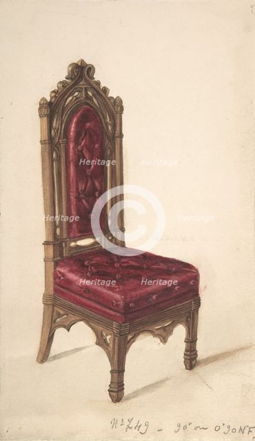 Gothic Style Chair with Dark Wood Frame and Maroon Upholstery, 19th century. Creator: Anon.