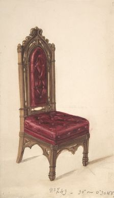 Gothic Style Chair with Dark Wood Frame and Maroon Upholstery, 19th century. Creator: Anon